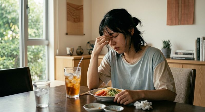 冷たい飲み物や食べ物ばかりで体調が優れない女性