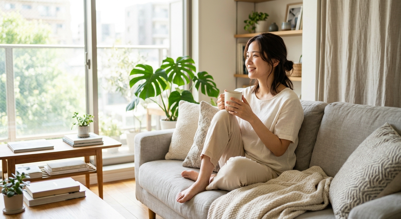 ソファーに座り温かい飲み物を飲みリラックスしている女性