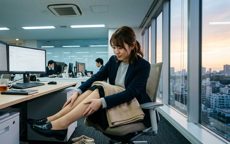 夕方、冷房の効いたオフィスで足の冷えを気にする女性