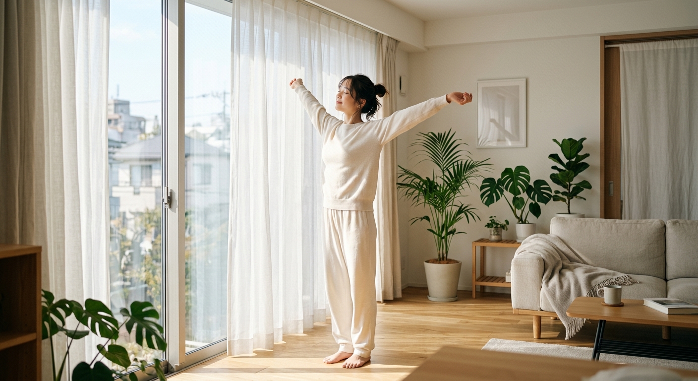 気持ちの良い朝に全身の伸びをする女性