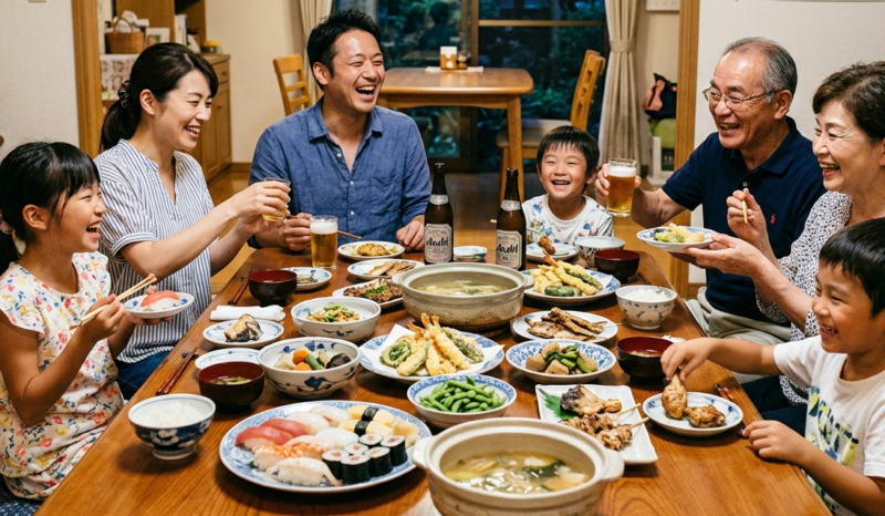お盆休みにごちそうを食べている家族