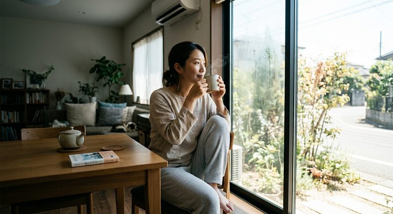 室内で温かいハーブティーを飲んでいる女性