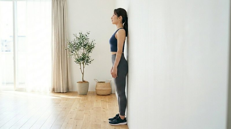 壁に背中を当てて反り腰かを確認している女性