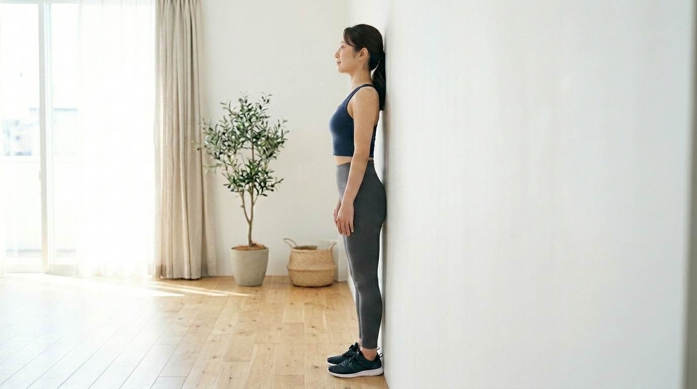 壁に背中を当てて反り腰かを確認している女性