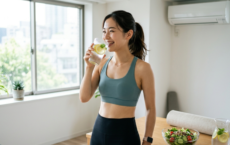スポーツウェアを着て水分補給する女性