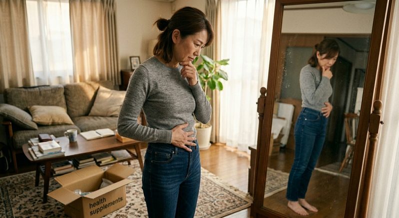ぽっこりお腹を気にしている女性