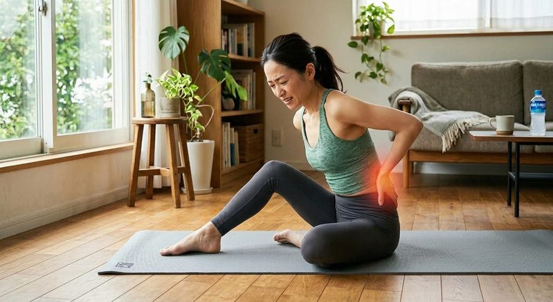 トレーニング中の腰痛に悩む女性