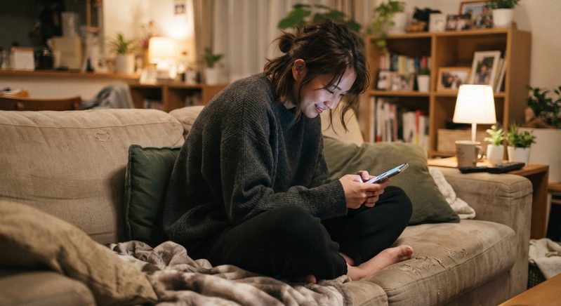 自宅のソファーで自然と猫背の姿勢になりスマホを見ている女性
