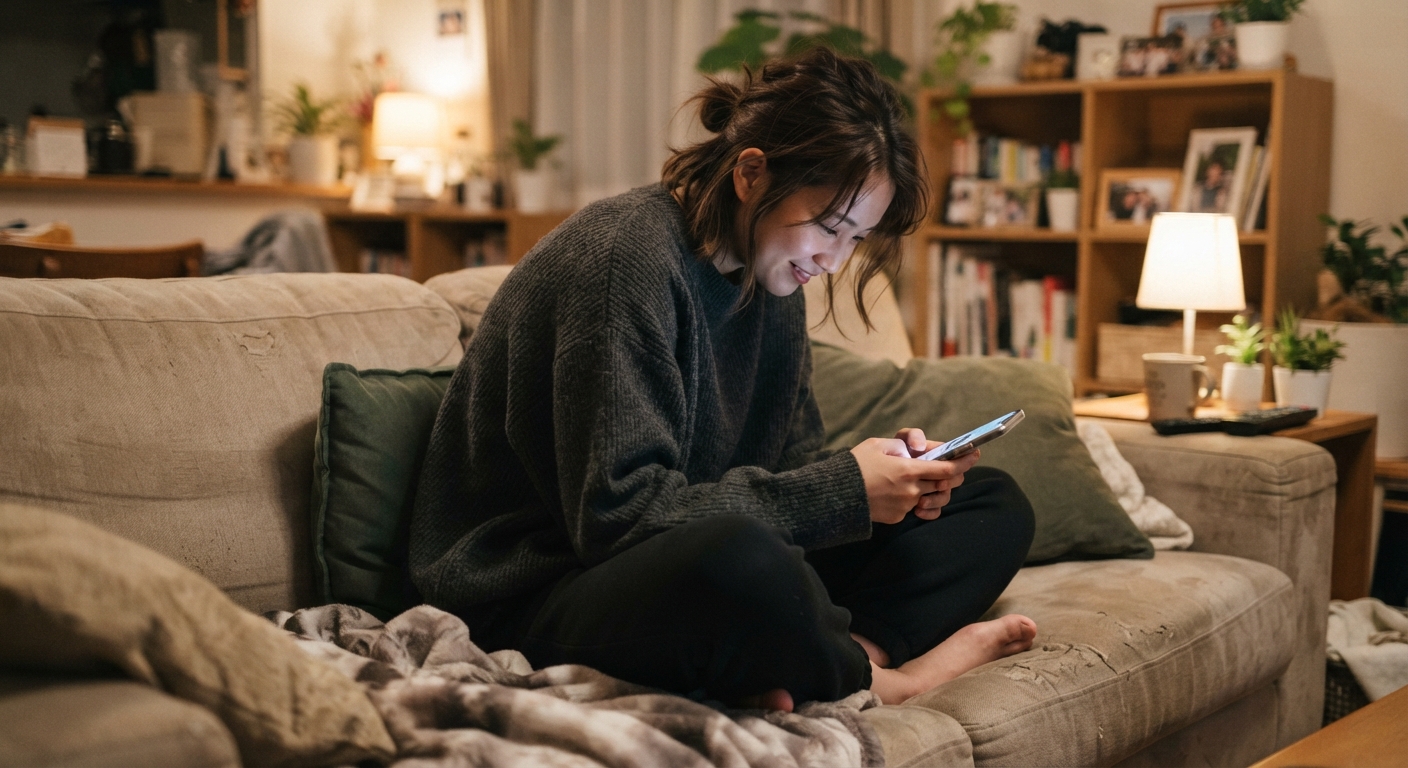 自宅のソファーで自然と猫背の姿勢になりスマホを見ている女性