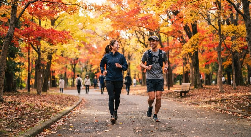 紅葉がキレイな公園でジョギングをしているカップル