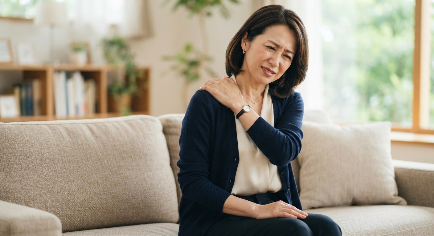 肩の痛みで肩を触る女性