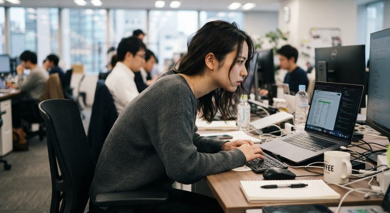 猫背で前肩になりパソコン作業している女性