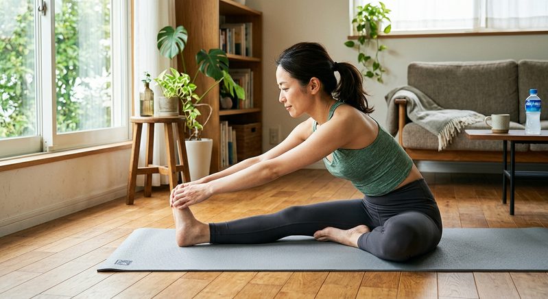 腰痛改善に太もも裏のストレッチをしている女性
