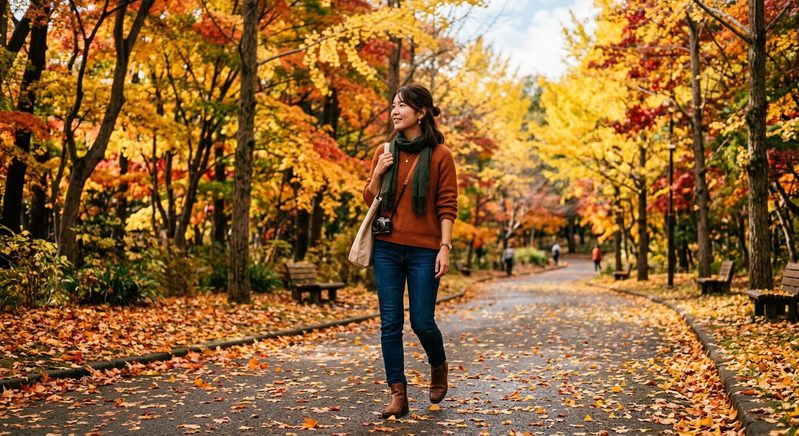 秋の紅葉がキレイな公園を散歩する女性