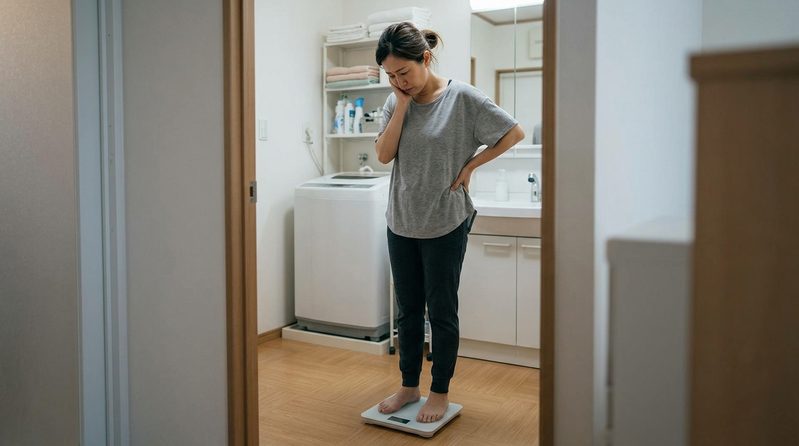 体重計に乗り体重が減らないのを悩んでいる女性