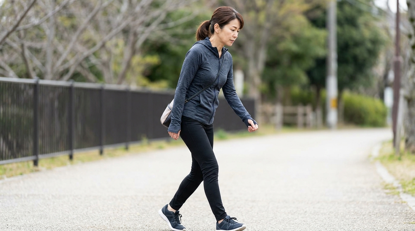 姿勢悪く前かがみで歩く女性
