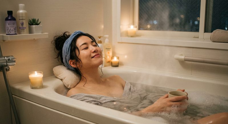 お風呂に浸かってリラックスしている女性