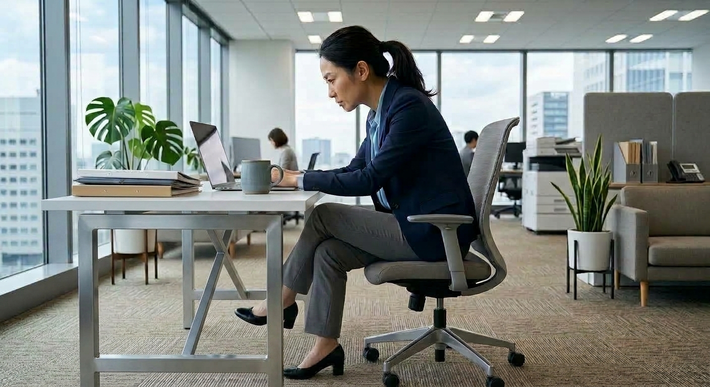 デスクワークで悪い姿勢になっている女性