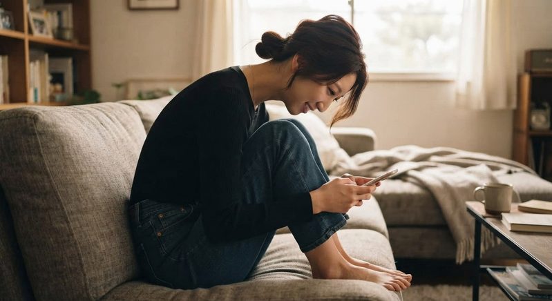 ソファーに座り丸まった姿勢でスマホをいじる女性