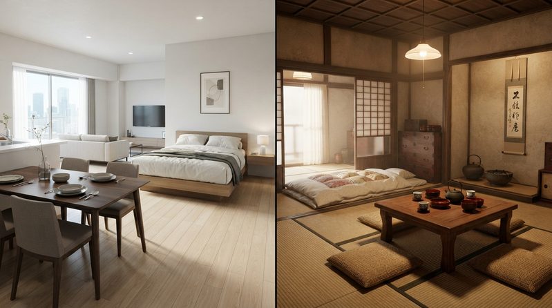 ダイニングテーブル、ベッドの現代的な部屋とちゃぶ台、布団の昔の部屋の比較