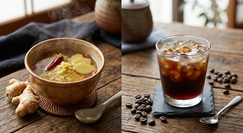 ショウガ入りの温かいスープとアイスコーヒー