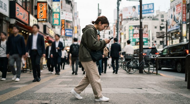 猫背で首が前に出ている姿勢でスマホを見ながら街中を歩く現代女性
