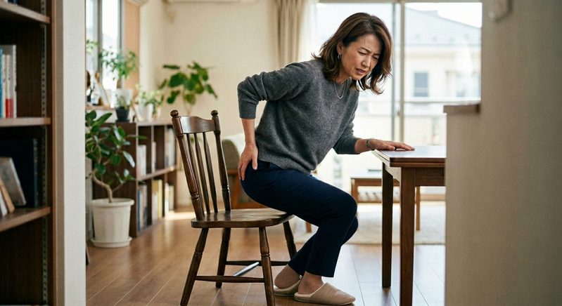 イスから立ち上がる時にお尻に痛みを感じる女性