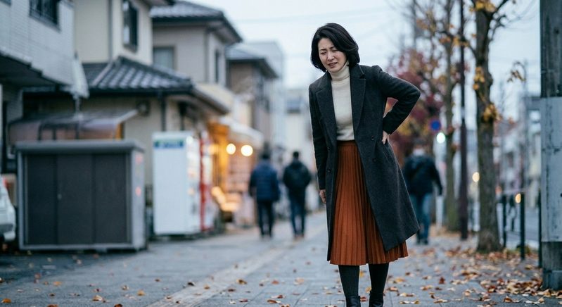 秋の寒い日に腰の痛みを感じる女性