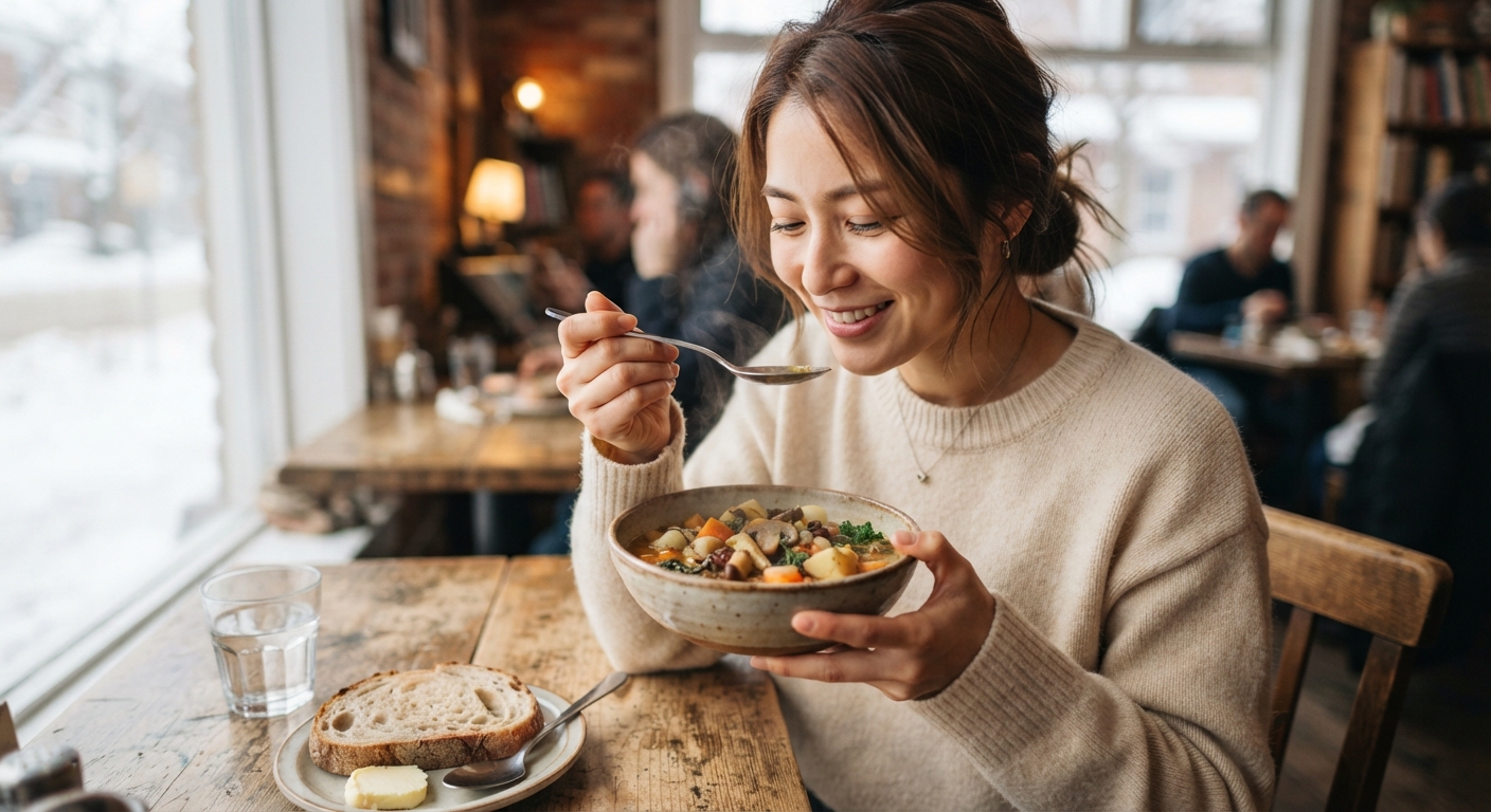冬の食材を使ったスープを飲む女性