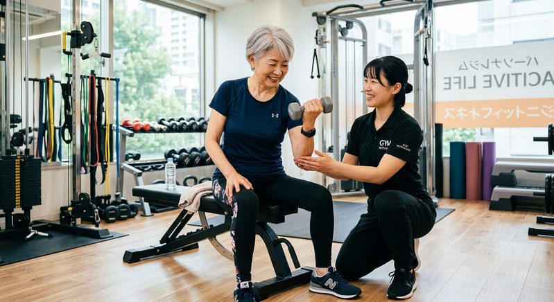 パーソナルジムでトレーニングをするシニア女性