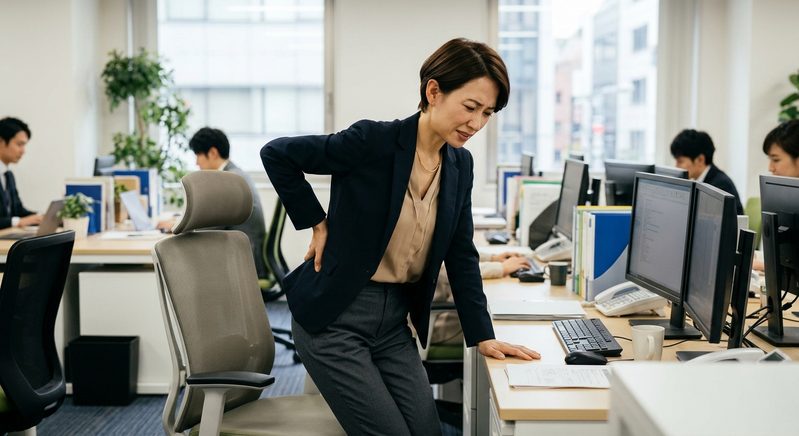 イスから立ち上がる時に腰に痛みを感じる女性