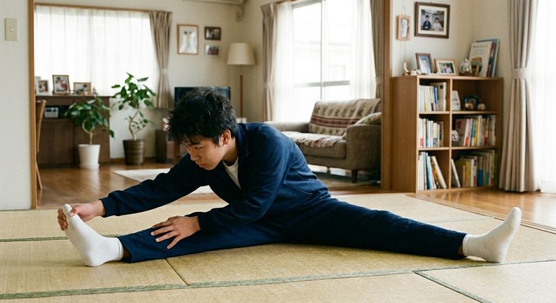 股関節を伸ばす開脚ストレッチをする中学生