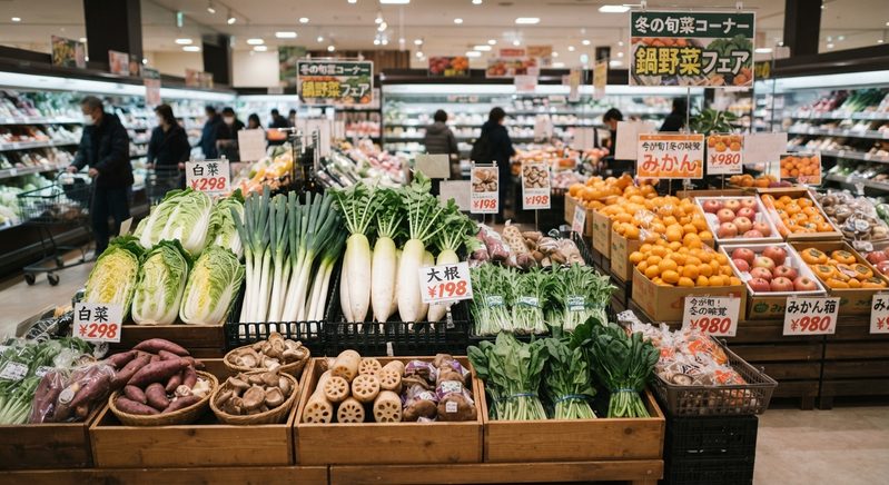 スーパーに陳列されている冬が旬の食材