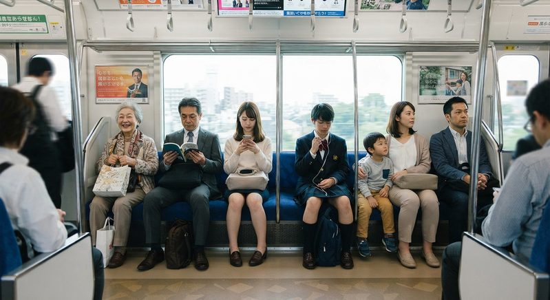 電車の長椅子に座っている人々